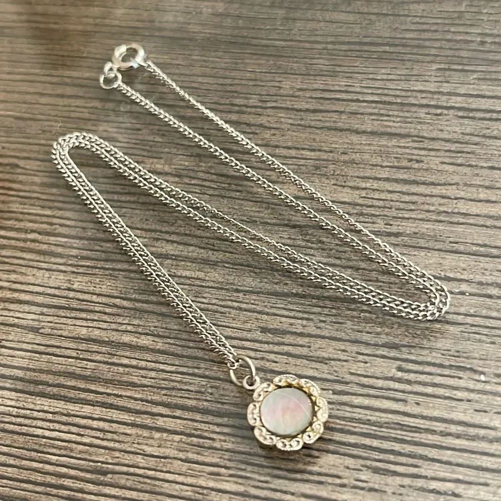 Vintage Dainty Flower Pendant with Abalone Shell Center on 15 3/4” Chain